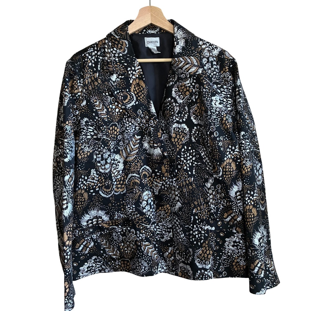 Chico's Silk Blend Feather Print Blazer Size 3 Black Gold Women's Cotton Silk